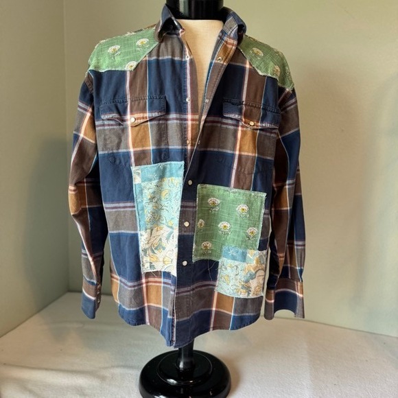 Wrangler Other - Upcycled Wrangler Custom Western Shirt Plaid Pearl Snap Bird Floral Blue Brown